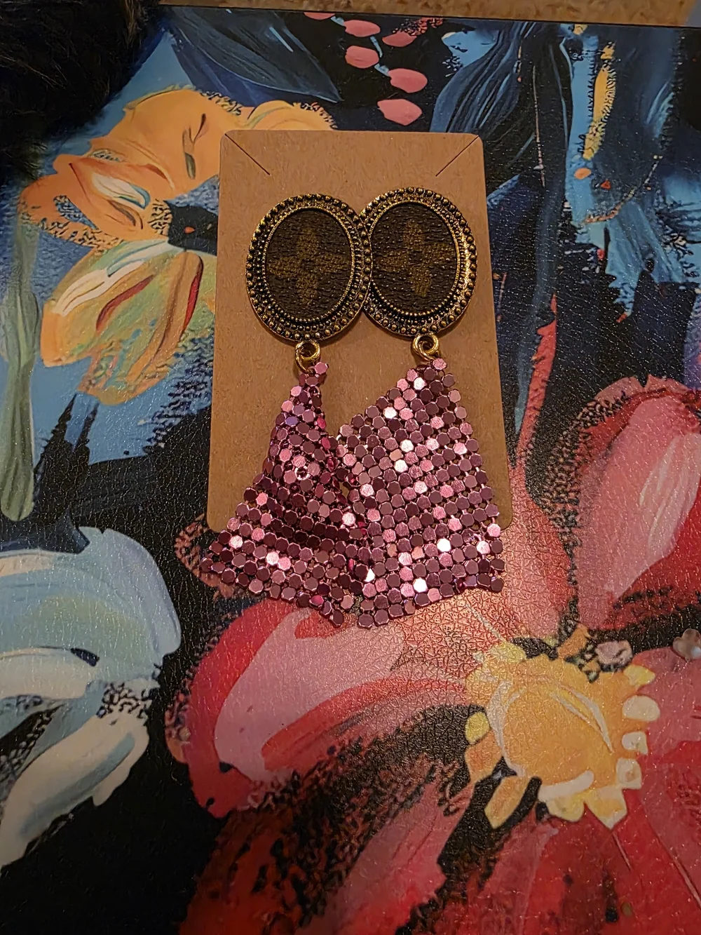 Gold-Tone Leather Oval Pink Sequin Drop Earrings